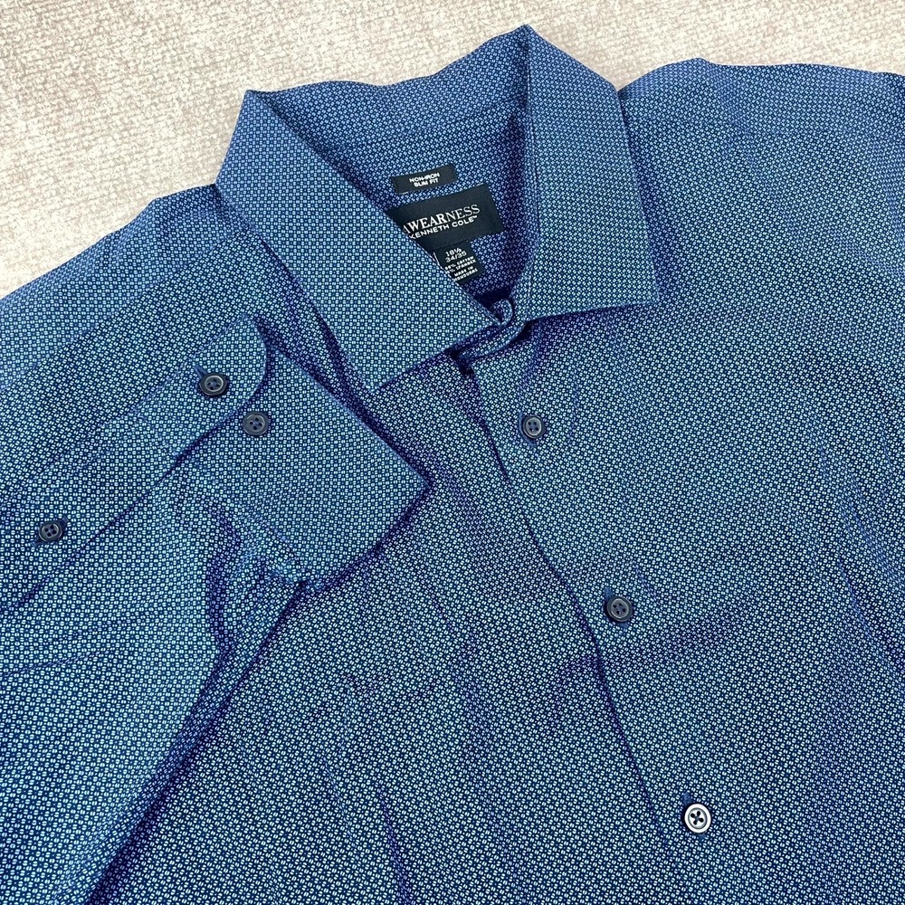 Kenneth Cole Awareness Dress Shirt Mens 18.5 Blue Geometric Slim Fit Non Iron